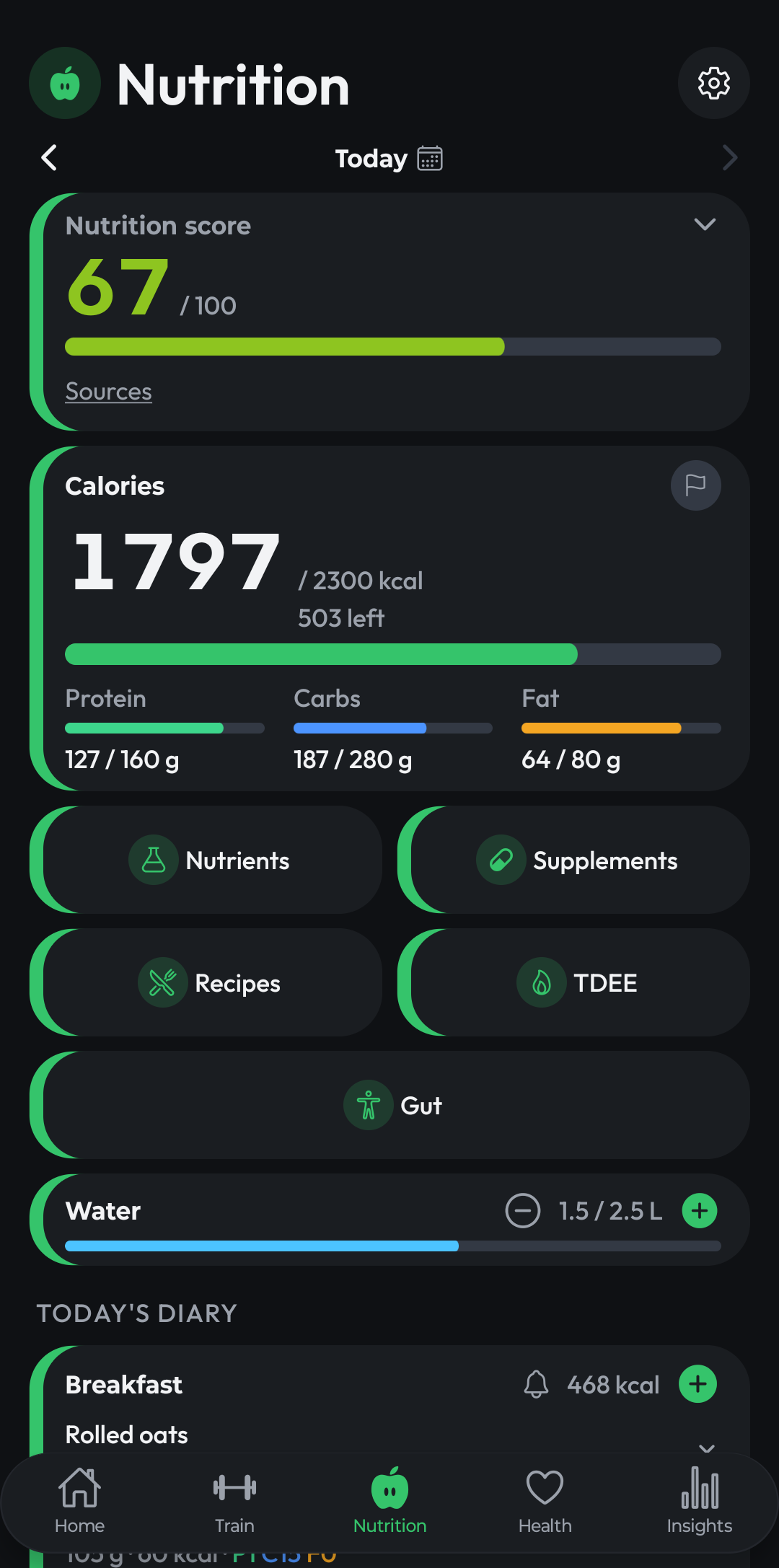 ComniWell Nutrition tab showing today's nutrition score, calorie and macro totals, quick links and water