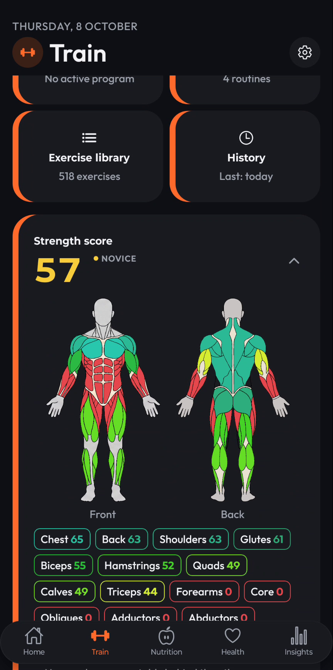 ComniWell Train tab showing a strength score of 57 and a front and back muscle heatmap with per-muscle scores