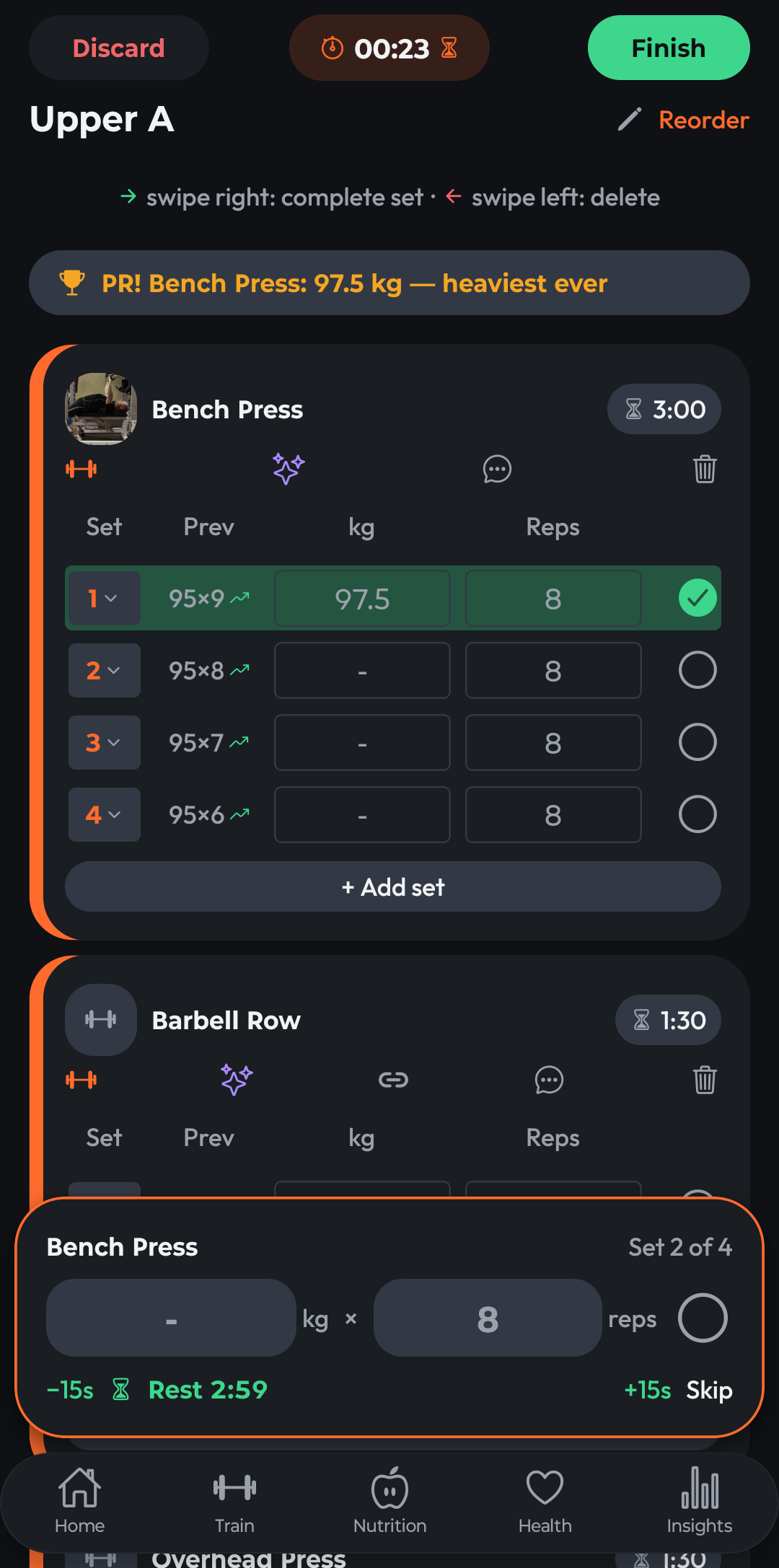 ComniWell's active workout logger mid-Upper A session, with a Bench Press personal record banner and a rest timer running